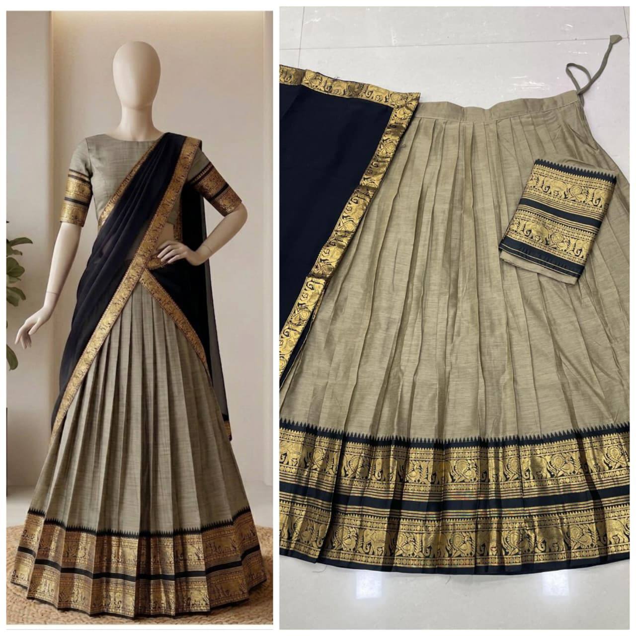 South Indian Kanci Cotton Silk Zari Weaving Lehenga Choli Set with Georgette Dupatta for Women