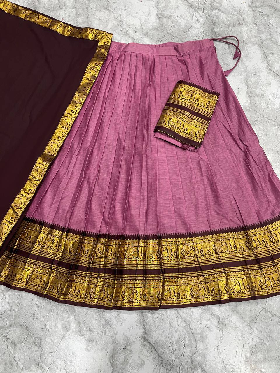 South Indian Kanci Cotton Silk Zari Weaving Lehenga Choli Set with Georgette Dupatta for Women