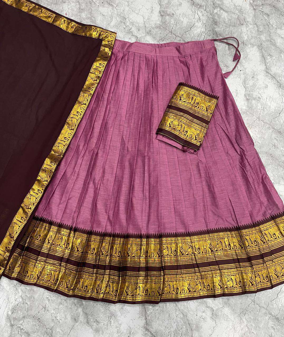 South Indian Kanci Cotton Silk Zari Weaving Lehenga Choli Set with Georgette Dupatta for Women