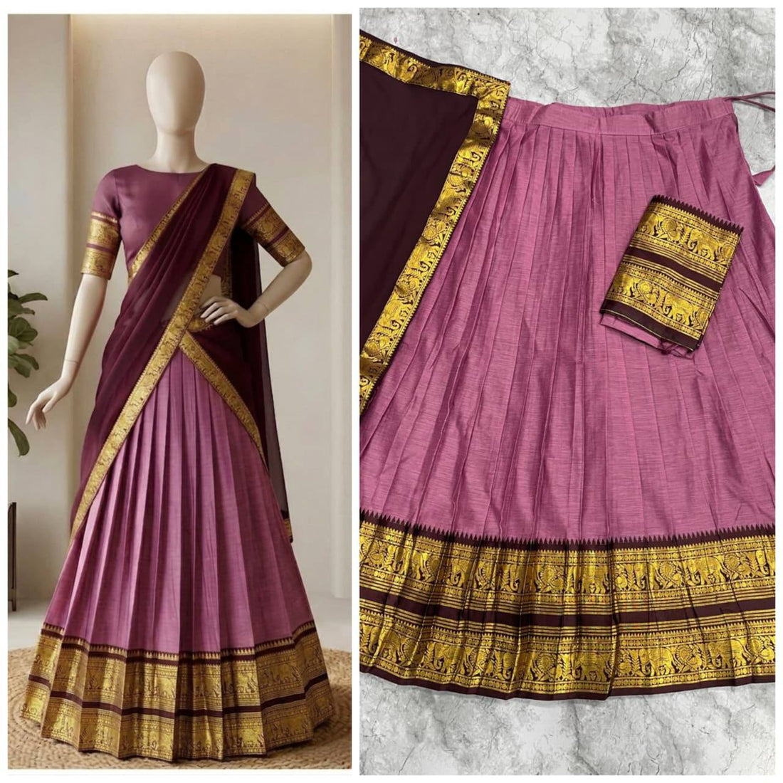 South Indian Kanci Cotton Silk Zari Weaving Lehenga Choli Set with Georgette Dupatta for Women