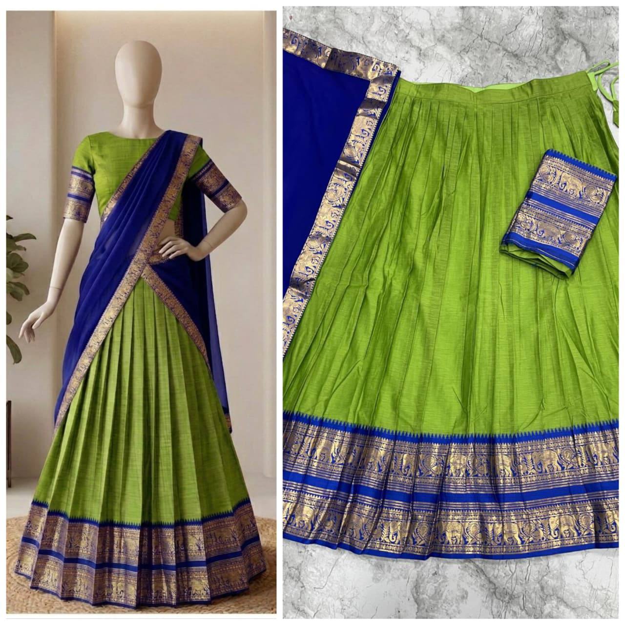 South Indian Kanci Cotton Silk Zari Weaving Lehenga Choli Set with Georgette Dupatta for Women