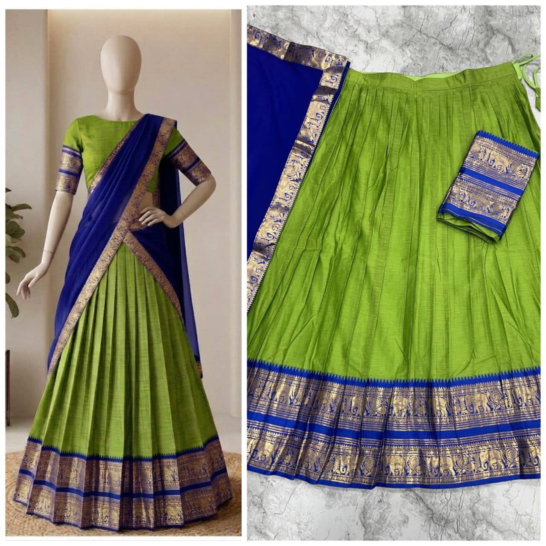 South Indian Kanci Cotton Silk Zari Weaving Lehenga Choli Set with Georgette Dupatta for Women
