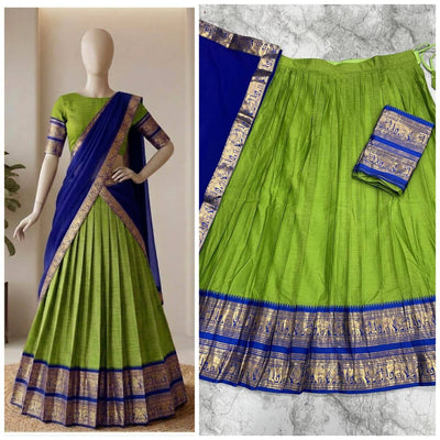 South Indian Kanci Cotton Silk Zari Weaving Lehenga Choli Set with Georgette Dupatta for Women