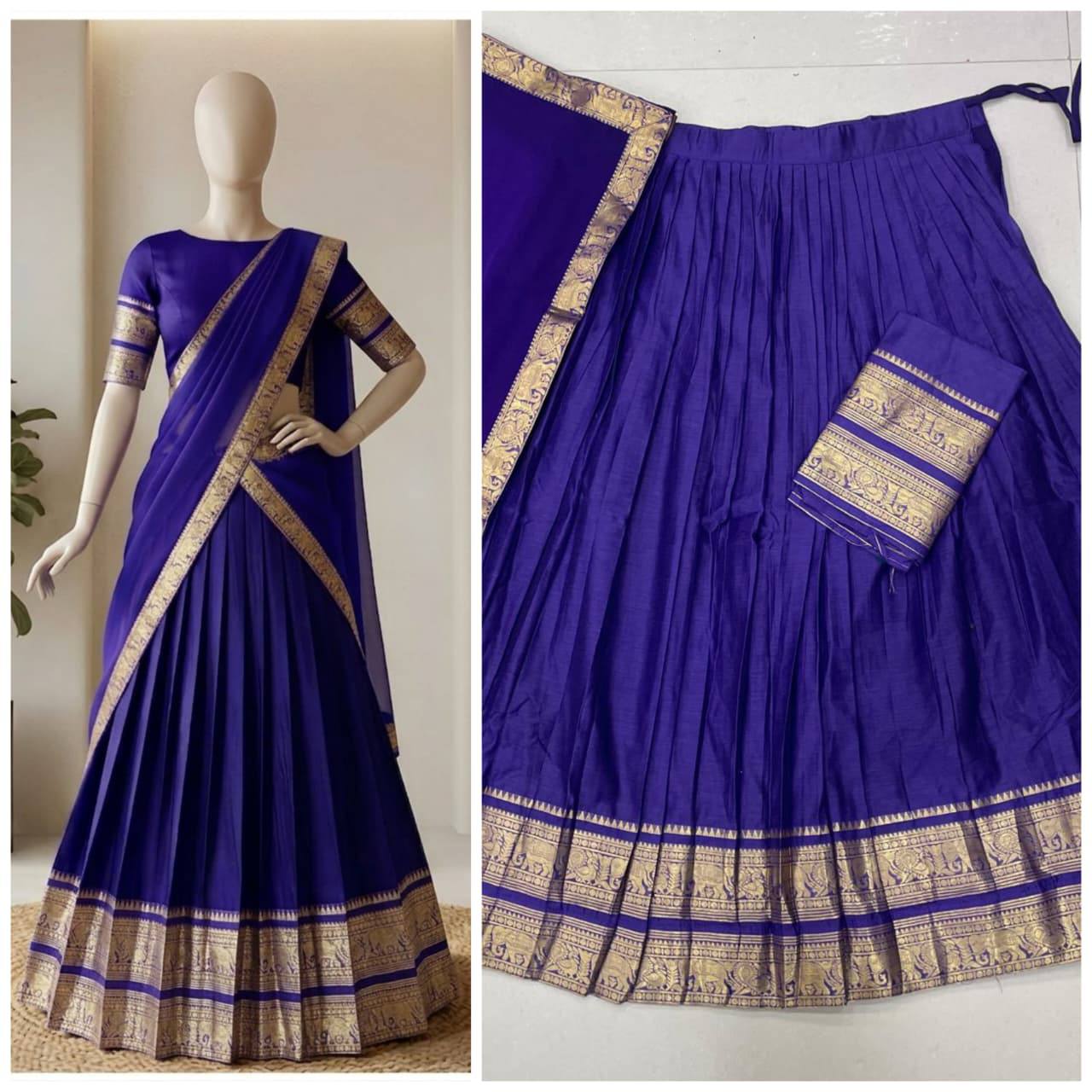 South Indian Kanci Cotton Silk Zari Weaving Lehenga Choli Set with Georgette Dupatta for Women