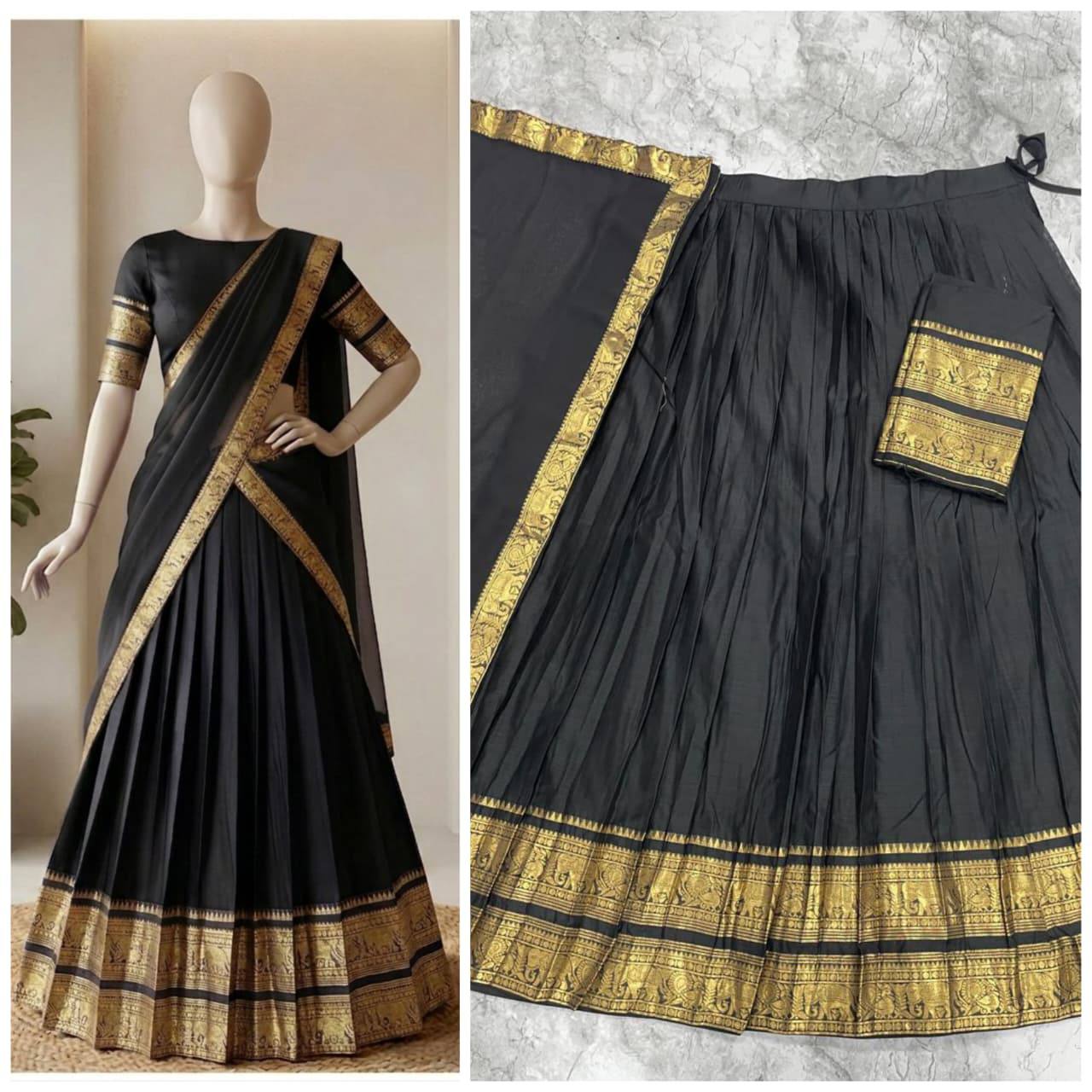 South Indian Kanci Cotton Silk Zari Weaving Lehenga Choli Set with Georgette Dupatta for Women