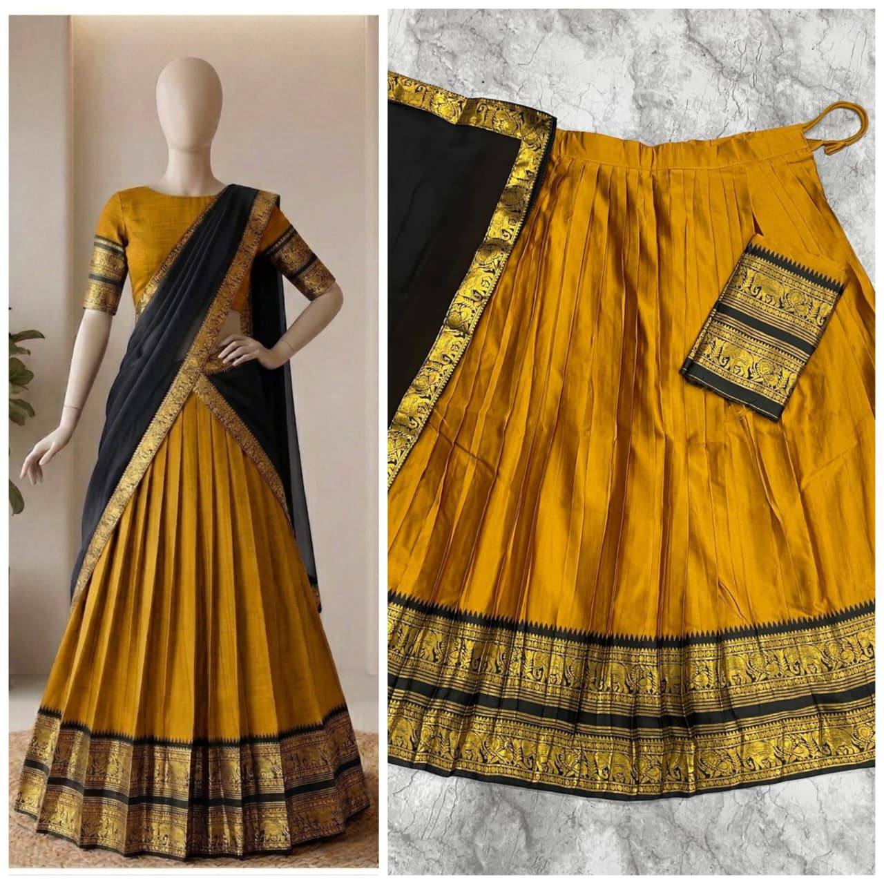 South Indian Kanci Cotton Silk Zari Weaving Lehenga Choli Set with Georgette Dupatta for Women
