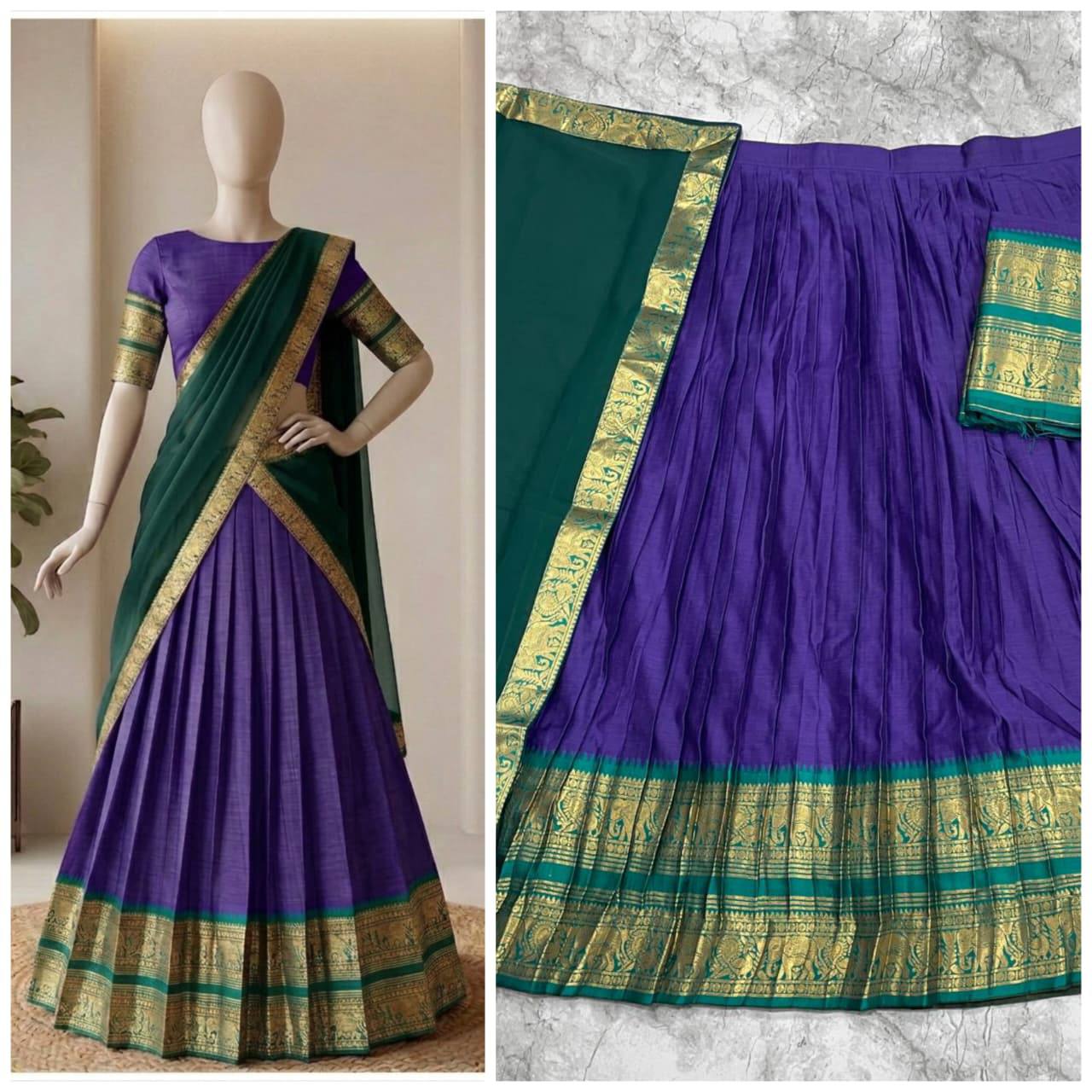 South Indian Kanci Cotton Silk Zari Weaving Lehenga Choli Set with Georgette Dupatta for Women