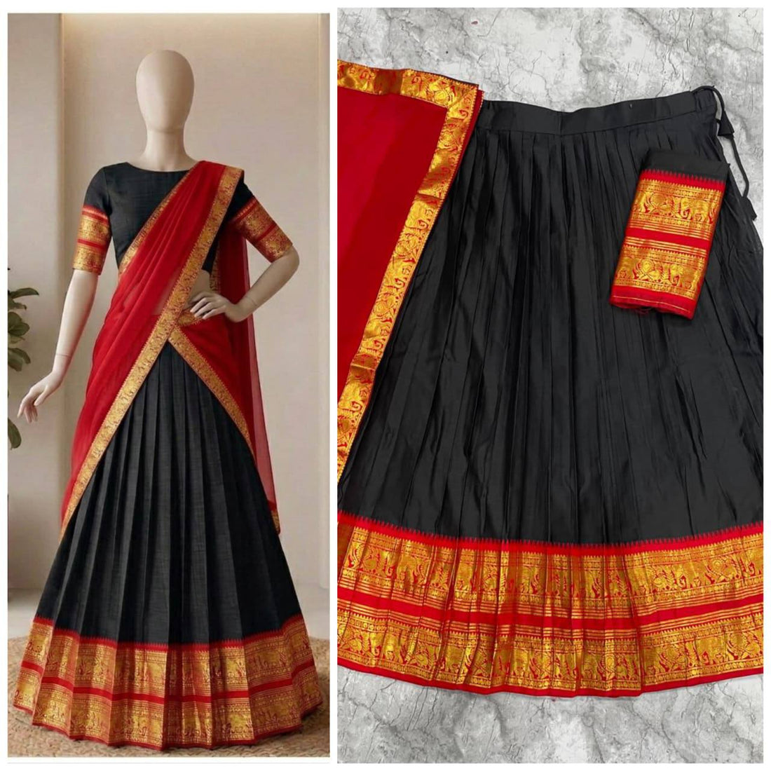 South Indian Kanci Cotton Silk Zari Weaving Lehenga Choli Set with Georgette Dupatta for Women