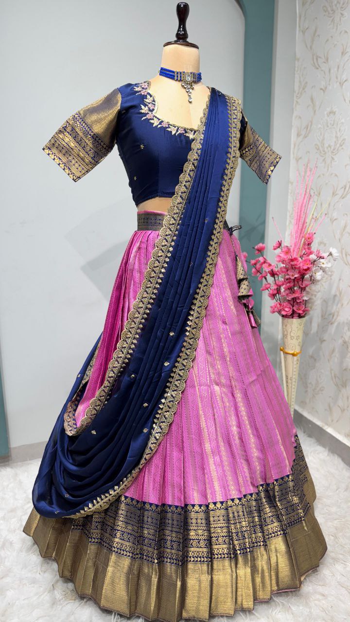 Exclusive Designer Pure Kanjivaram Silk Fully Stitched Lehenga with Maggam Work & Cutwork Dupatta