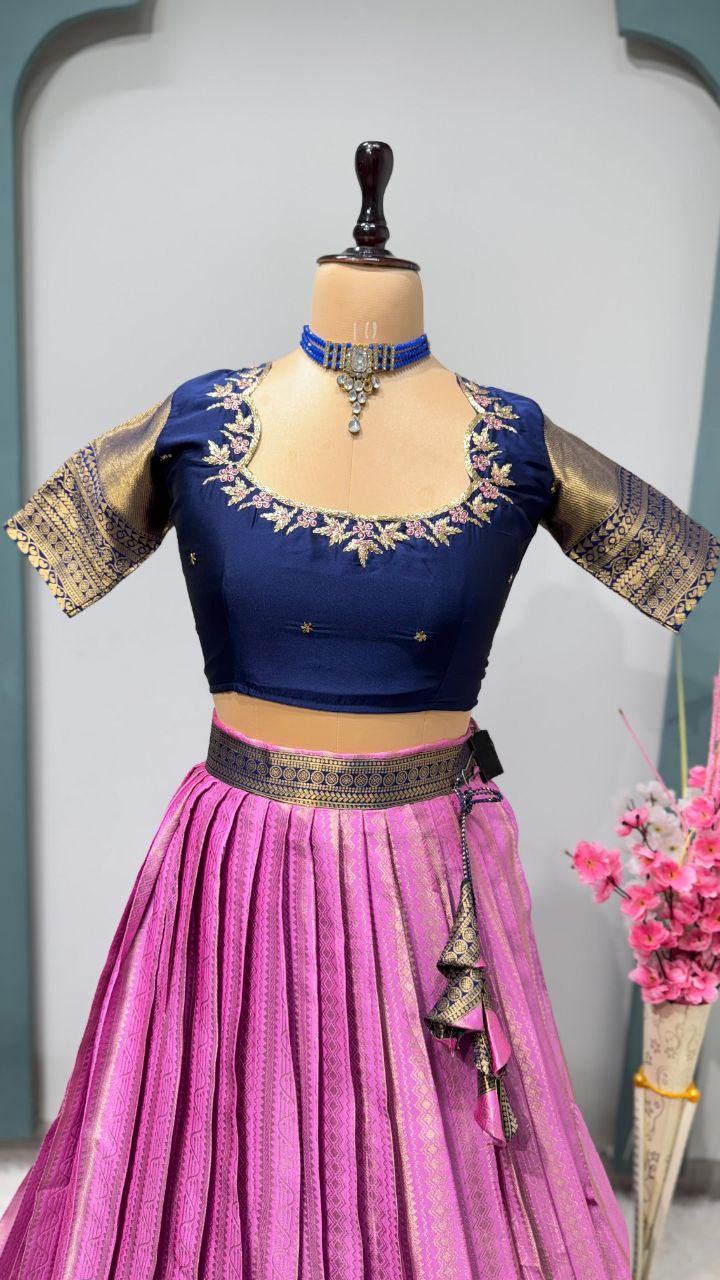 Exclusive Designer Pure Kanjivaram Silk Fully Stitched Lehenga with Maggam Work & Cutwork Dupatta