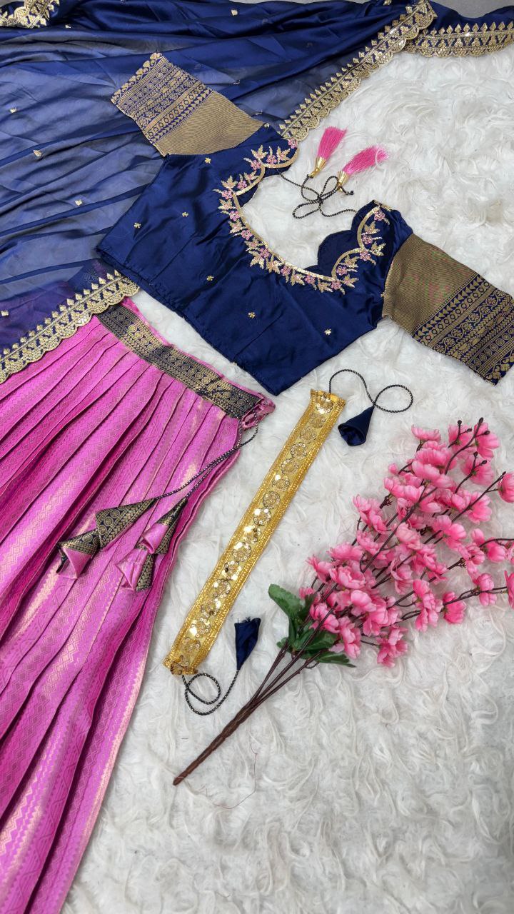 Exclusive Designer Pure Kanjivaram Silk Fully Stitched Lehenga with Maggam Work & Cutwork Dupatta