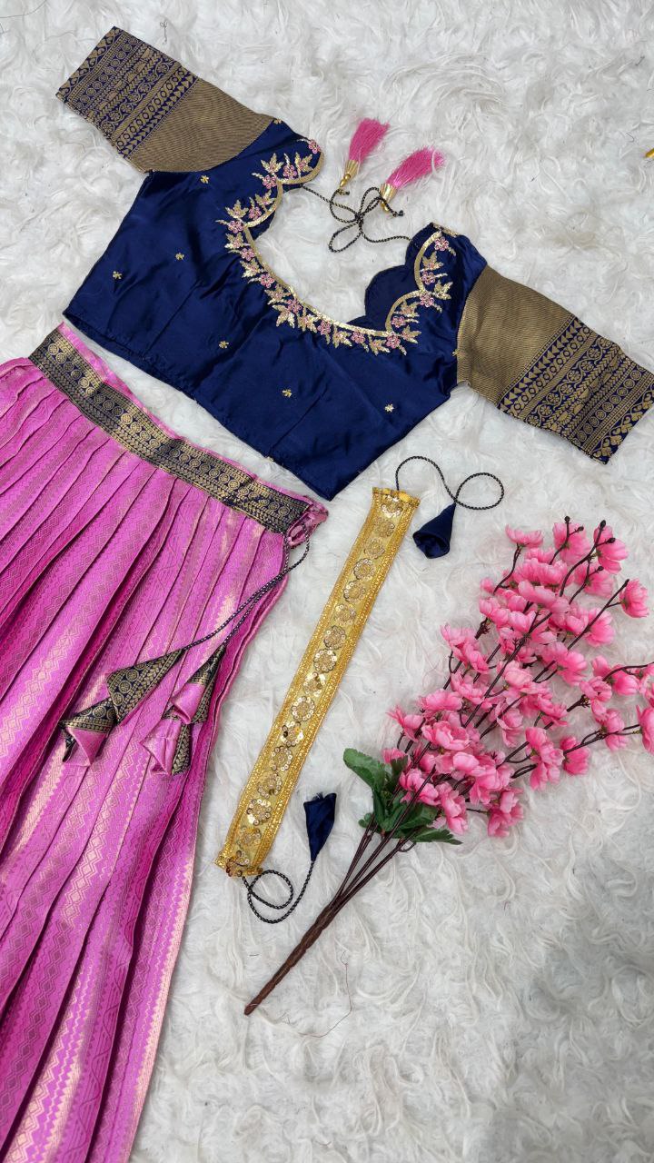 Exclusive Designer Pure Kanjivaram Silk Fully Stitched Lehenga with Maggam Work & Cutwork Dupatta