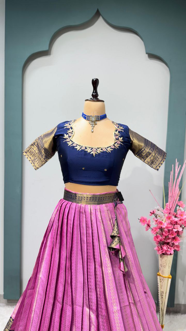 Exclusive Designer Pure Kanjivaram Silk Fully Stitched Lehenga with Maggam Work & Cutwork Dupatta