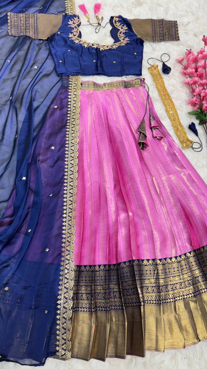 Exclusive Designer Pure Kanjivaram Silk Fully Stitched Lehenga with Maggam Work & Cutwork Dupatta
