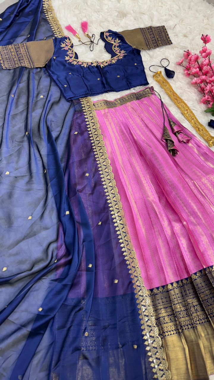 Exclusive Designer Pure Kanjivaram Silk Fully Stitched Lehenga with Maggam Work & Cutwork Dupatta