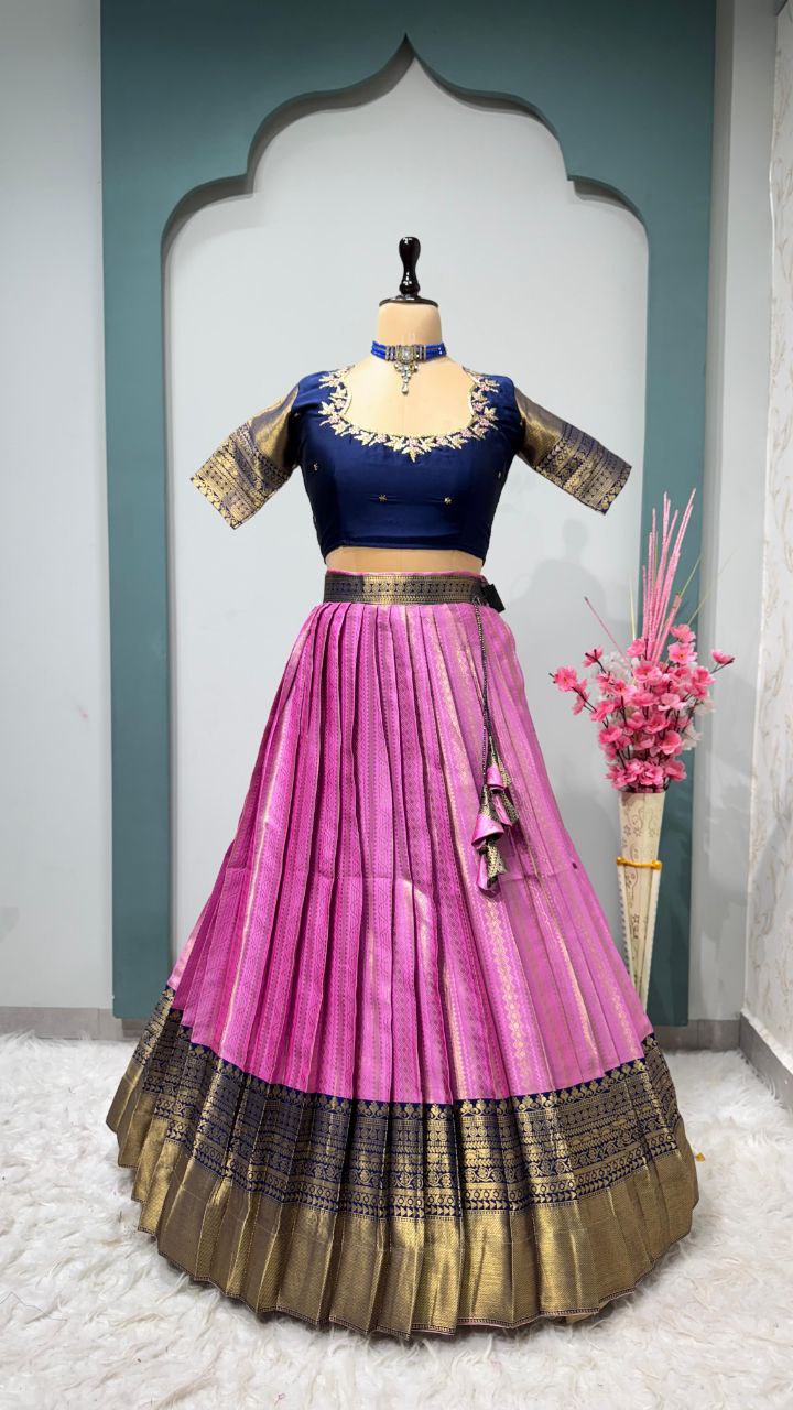 Exclusive Designer Pure Kanjivaram Silk Fully Stitched Lehenga with Maggam Work & Cutwork Dupatta