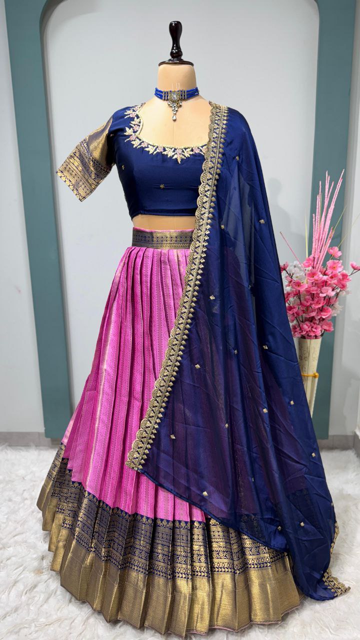Exclusive Designer Pure Kanjivaram Silk Fully Stitched Lehenga with Maggam Work & Cutwork Dupatta