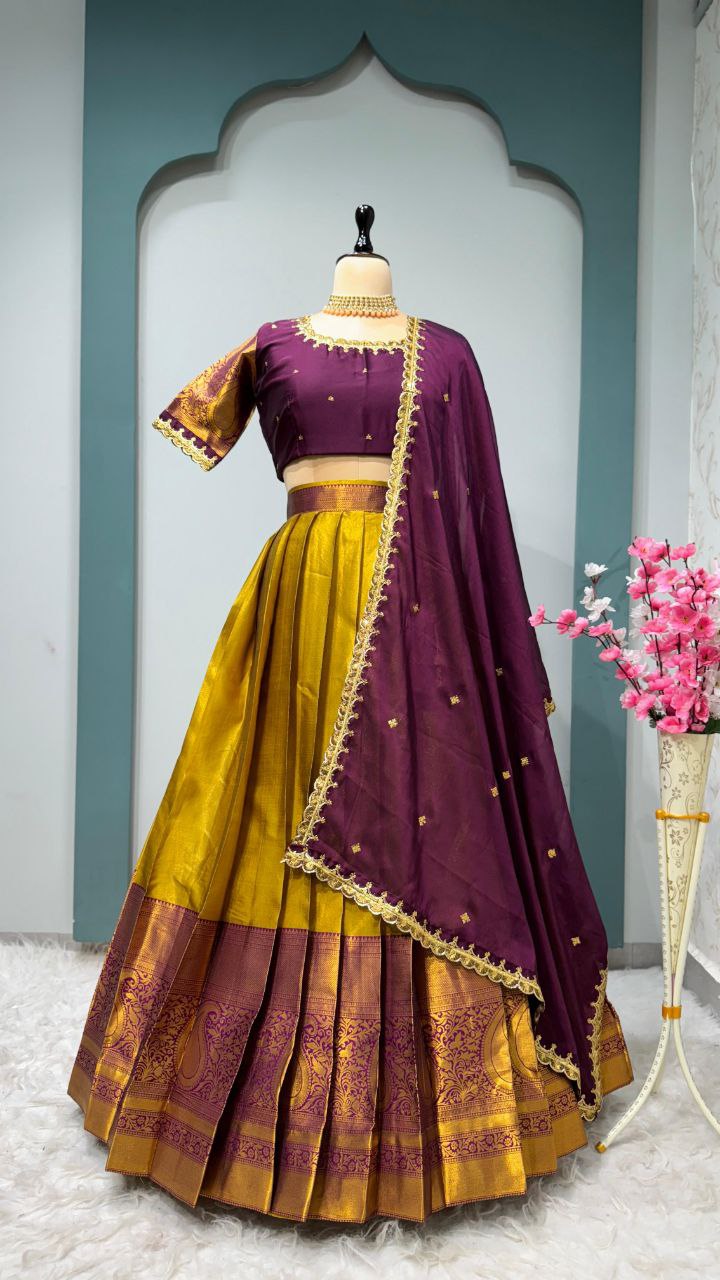 Kanjivaram Silk Designer Maggam Work Semi-Stitched Lehenga Set