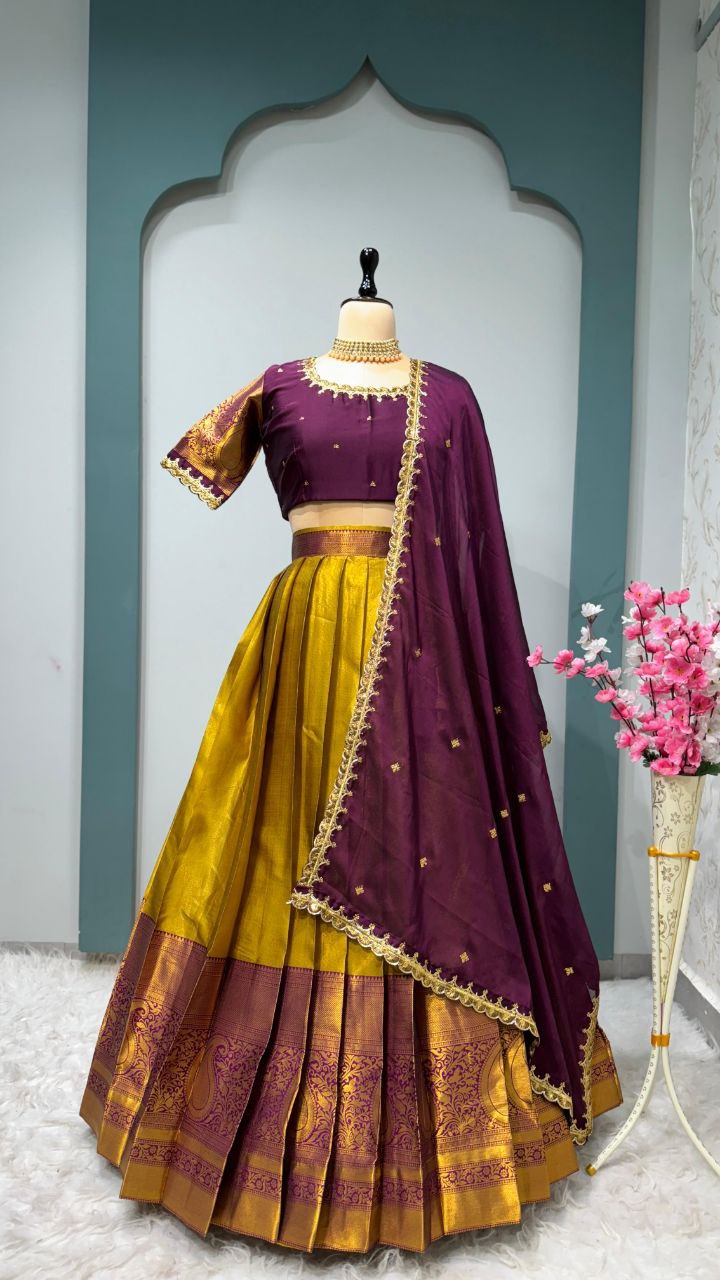 Kanjivaram Silk Designer Maggam Work Semi-Stitched Lehenga Set