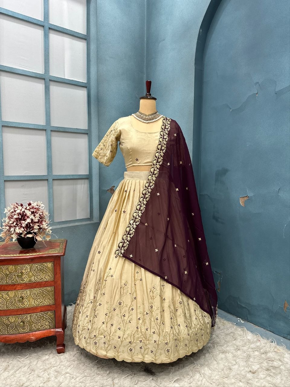 Designer Blooming Silk Floral Embroidered Lehenga Set with Fox Georgette Cutwork Dupatta