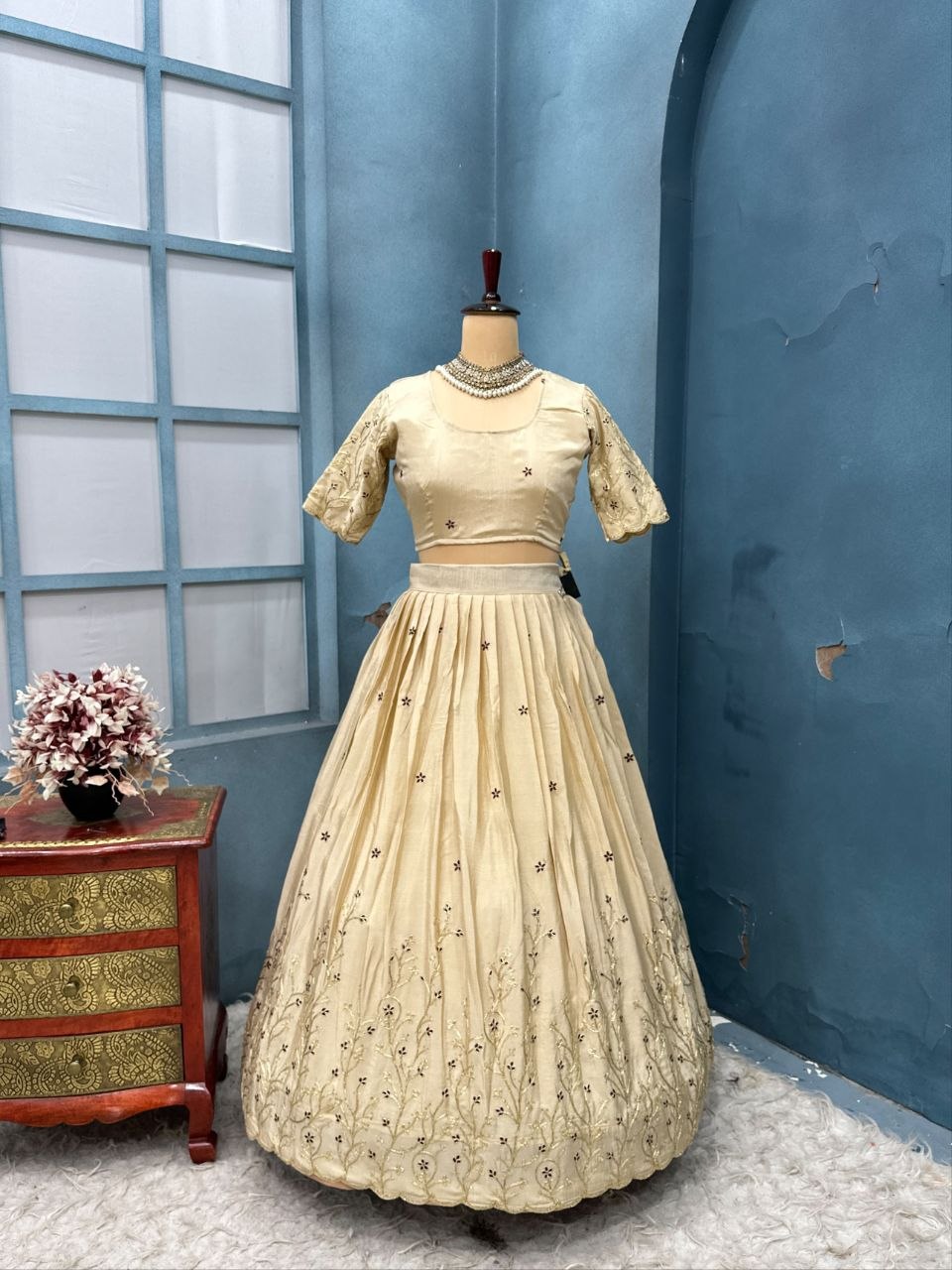 Designer Blooming Silk Floral Embroidered Lehenga Set with Fox Georgette Cutwork Dupatta