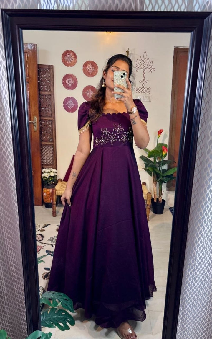Hand Work Vichitra Silk Floor Length Gown with Scallop Neck and Hanging Lace