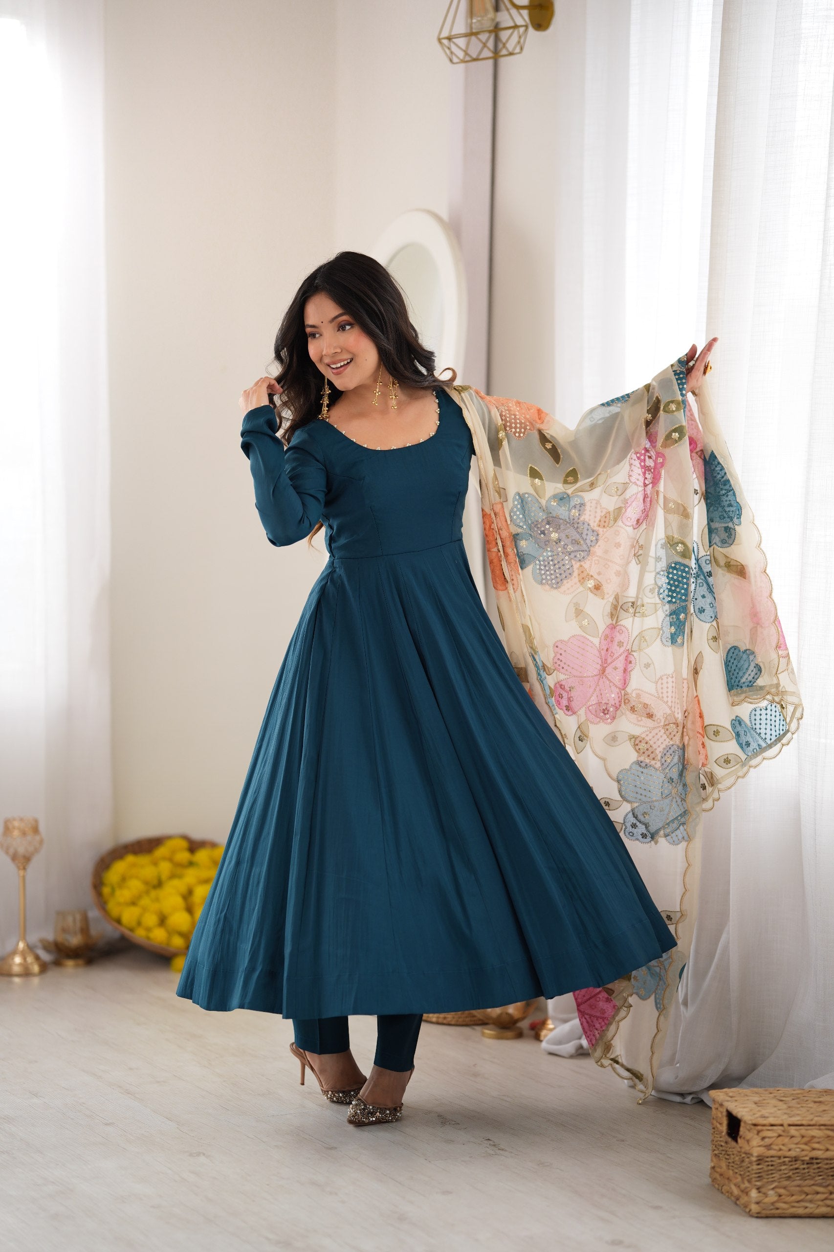 Pure Roman Silk Flared Anarkali Gown Set with Position Print Organza Dupatta
