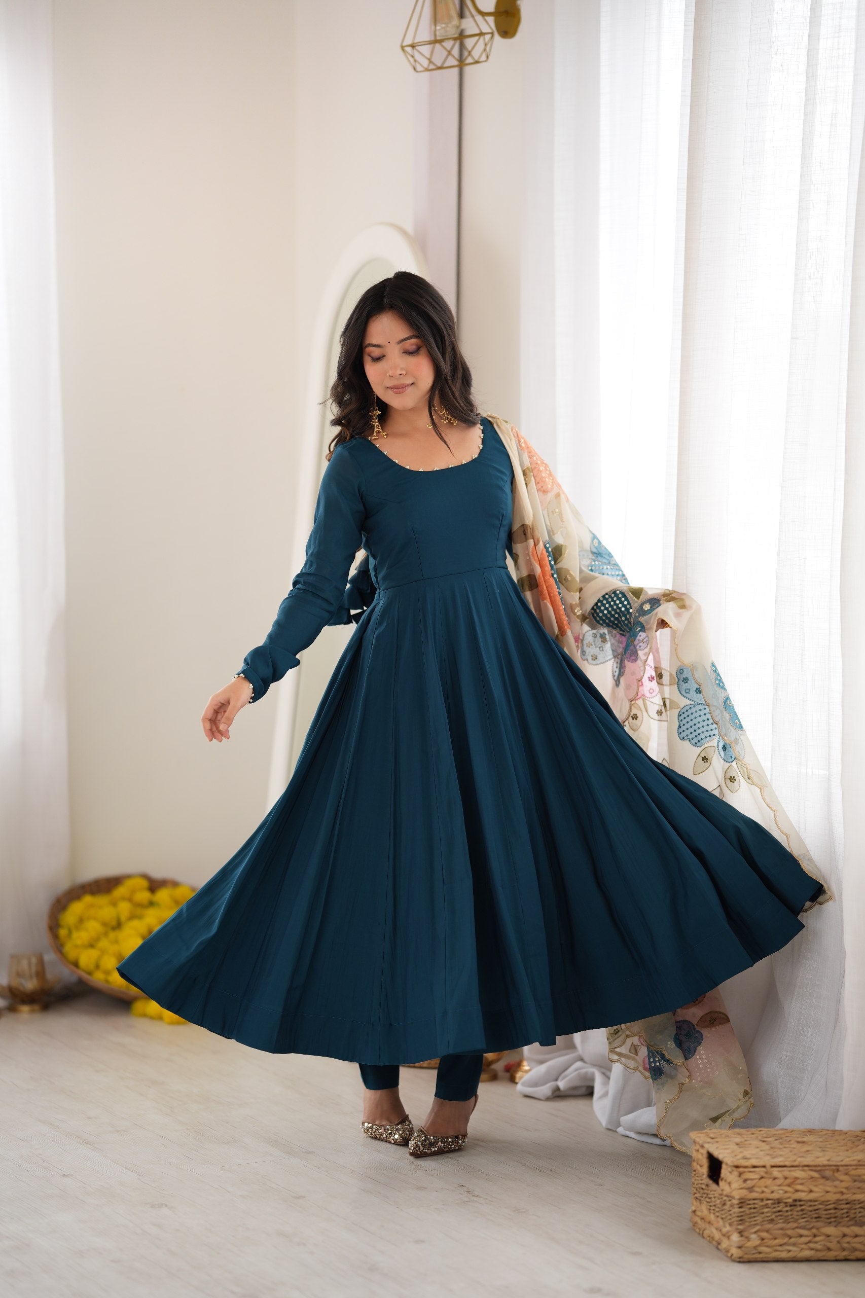 Pure Roman Silk Flared Anarkali Gown Set with Position Print Organza Dupatta