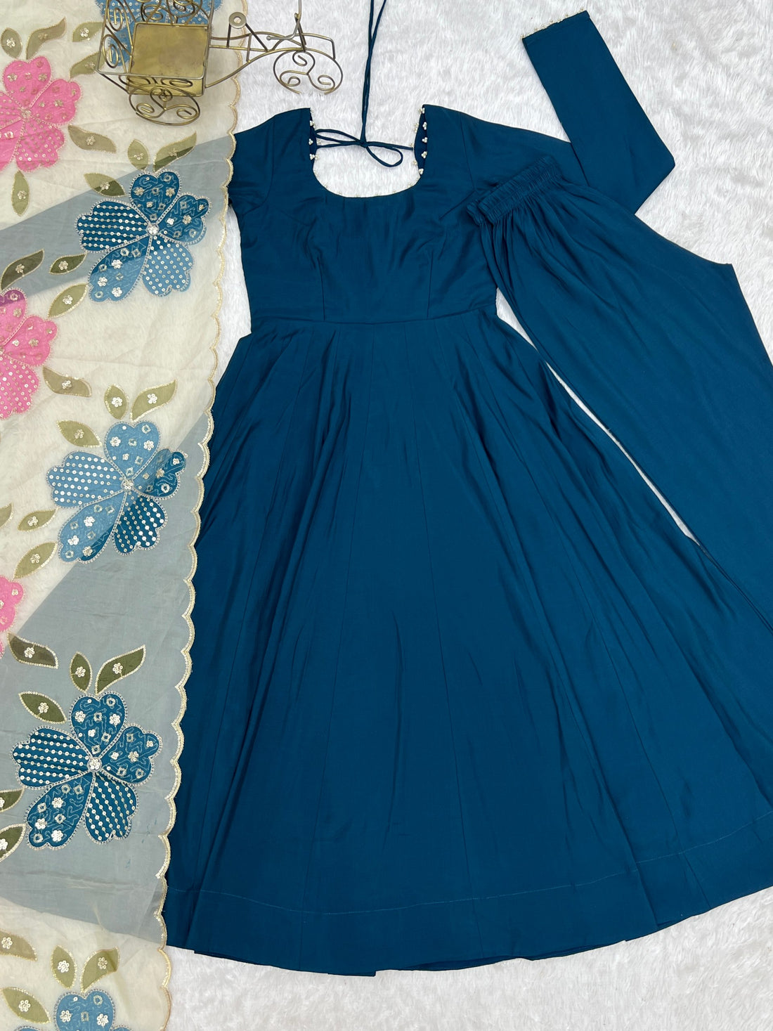 Pure Roman Silk Flared Anarkali Gown Set with Position Print Organza Dupatta