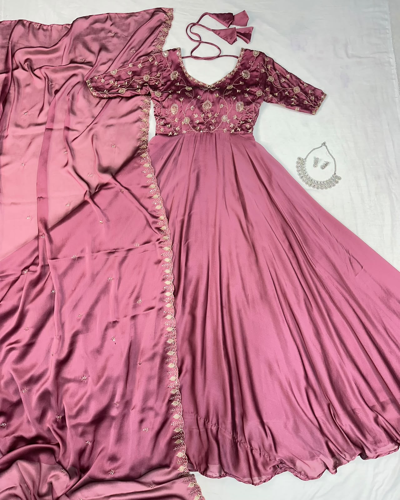 Ambika Silk Embroidered Festival Gown With Duppata