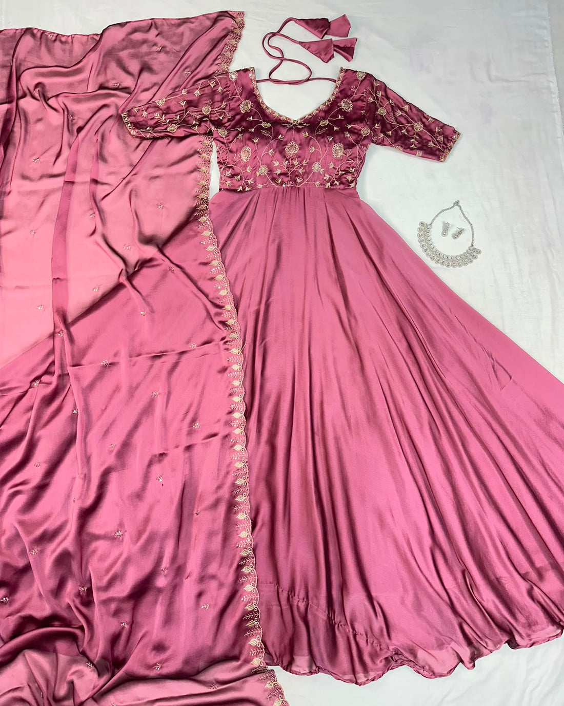 Ambika Silk Embroidered Festival Gown With Duppata