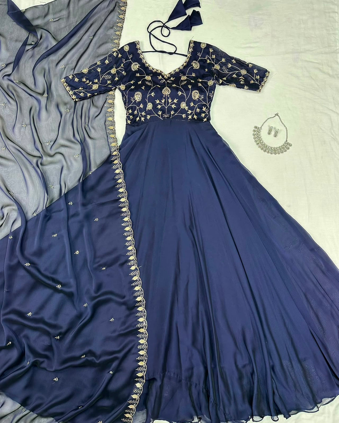 Ambika Silk Embroidered Festival Gown With Duppata