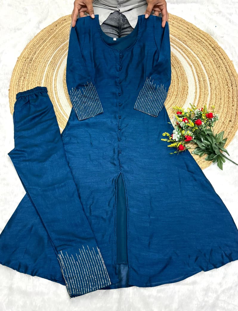 premium blooming vichitra silk with beautiful hand work kurti set