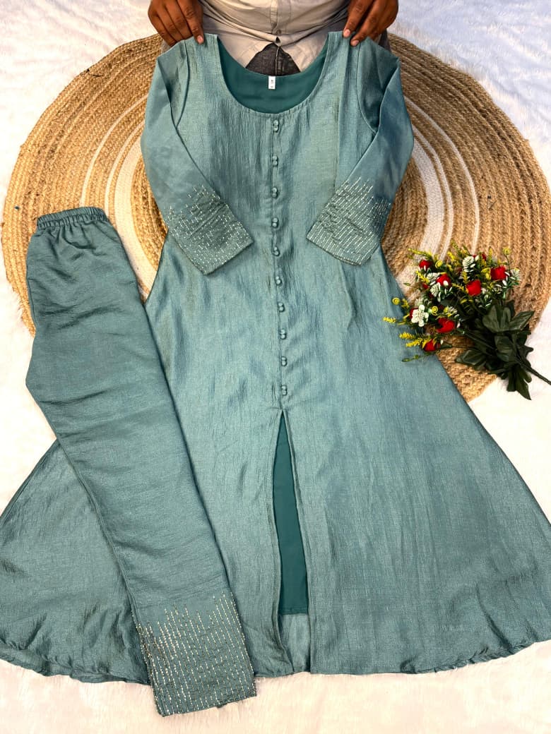 premium blooming vichitra silk with beautiful hand work kurti set