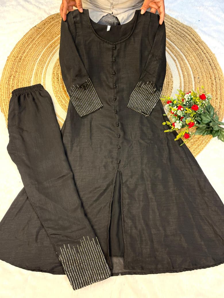 premium blooming vichitra silk with beautiful hand work kurti set