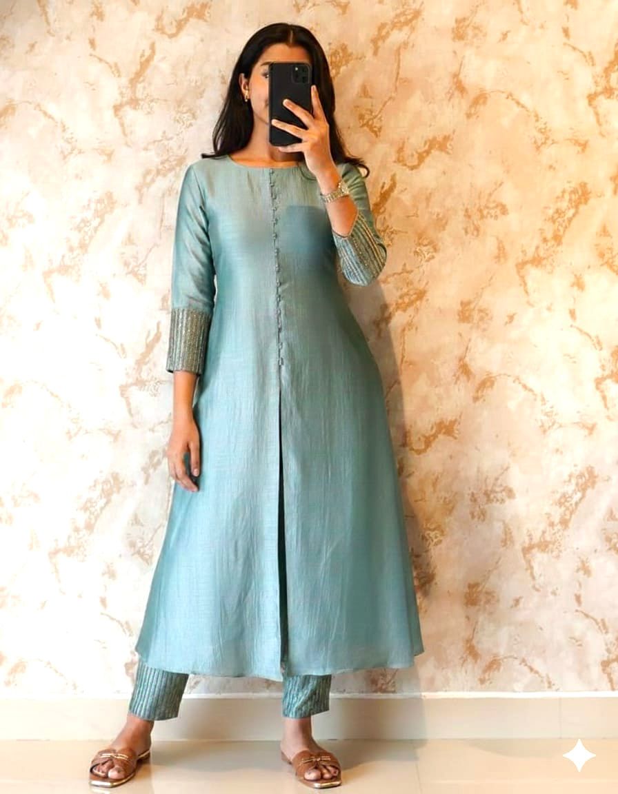 premium blooming vichitra silk with beautiful hand work kurti set