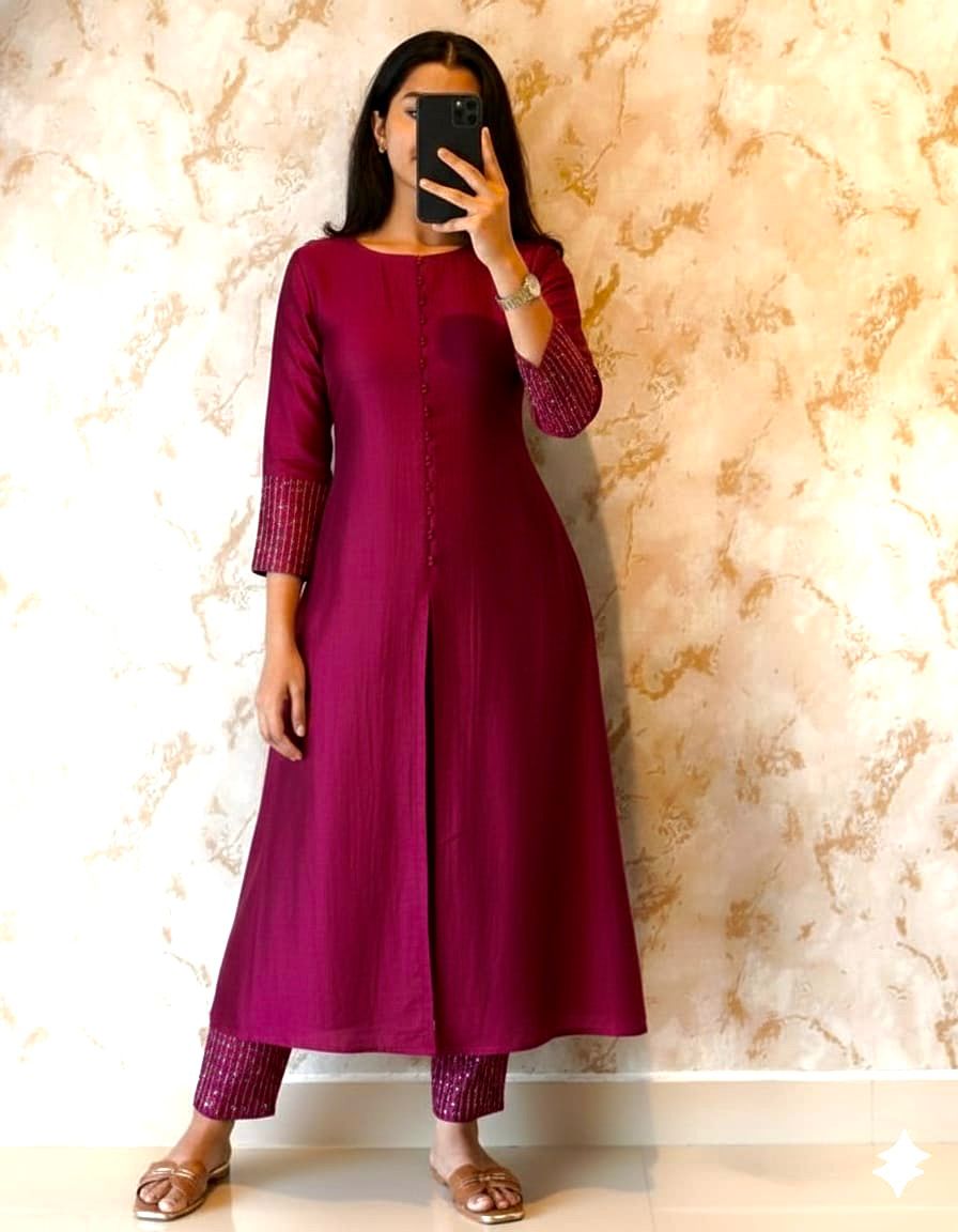 premium blooming vichitra silk with beautiful hand work kurti set