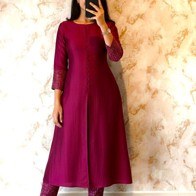 premium blooming vichitra silk with beautiful hand work kurti set