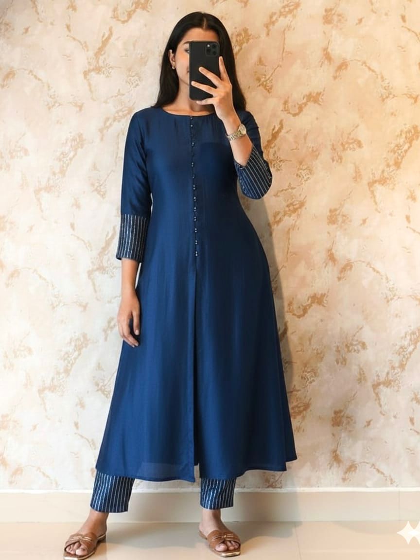 premium blooming vichitra silk with beautiful hand work kurti set