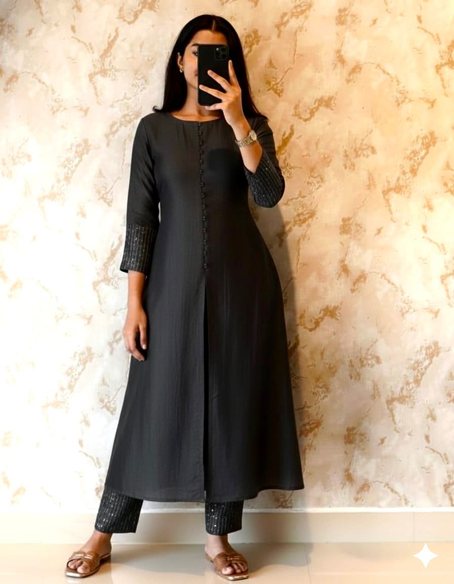 premium blooming vichitra silk with beautiful hand work kurti set