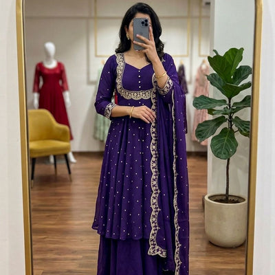 Vichitra Silk Skirt & Cape Set with Gold Threadwork & Scalloped Dupatta - Festive Wear