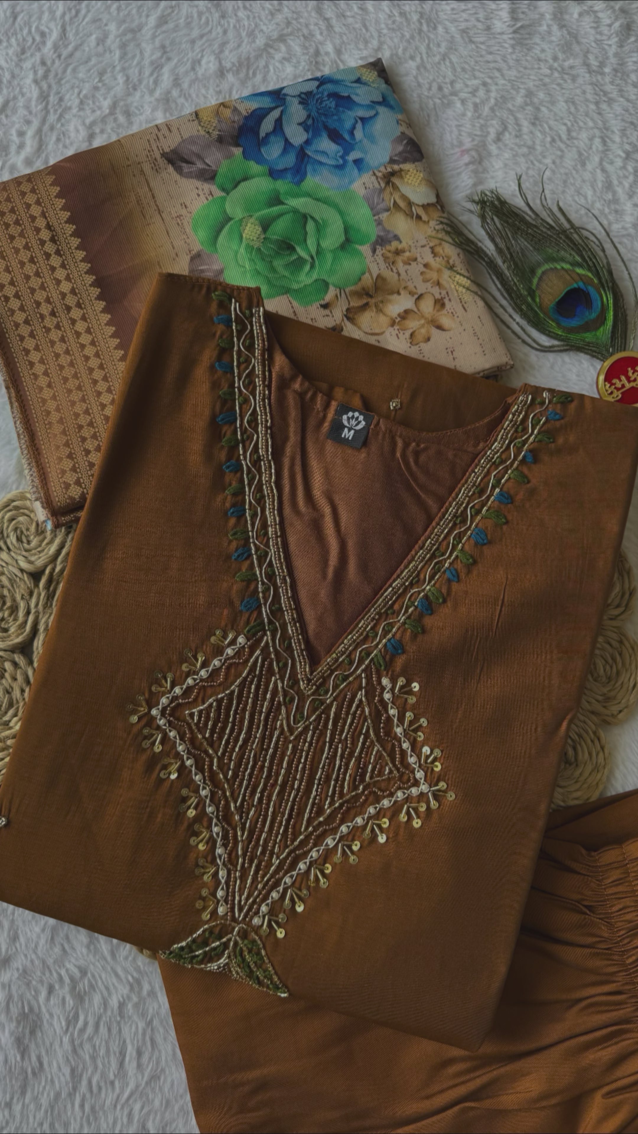 Coffee Mul Chanderi Handwork Suit with Lichi Silk Jacquard Dupatta