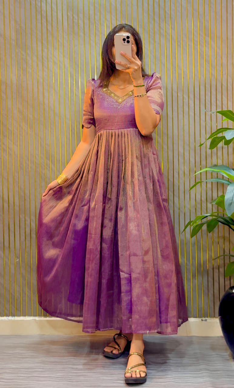 Designer Maggam Work Gown Premium Kota Tissue Silk
