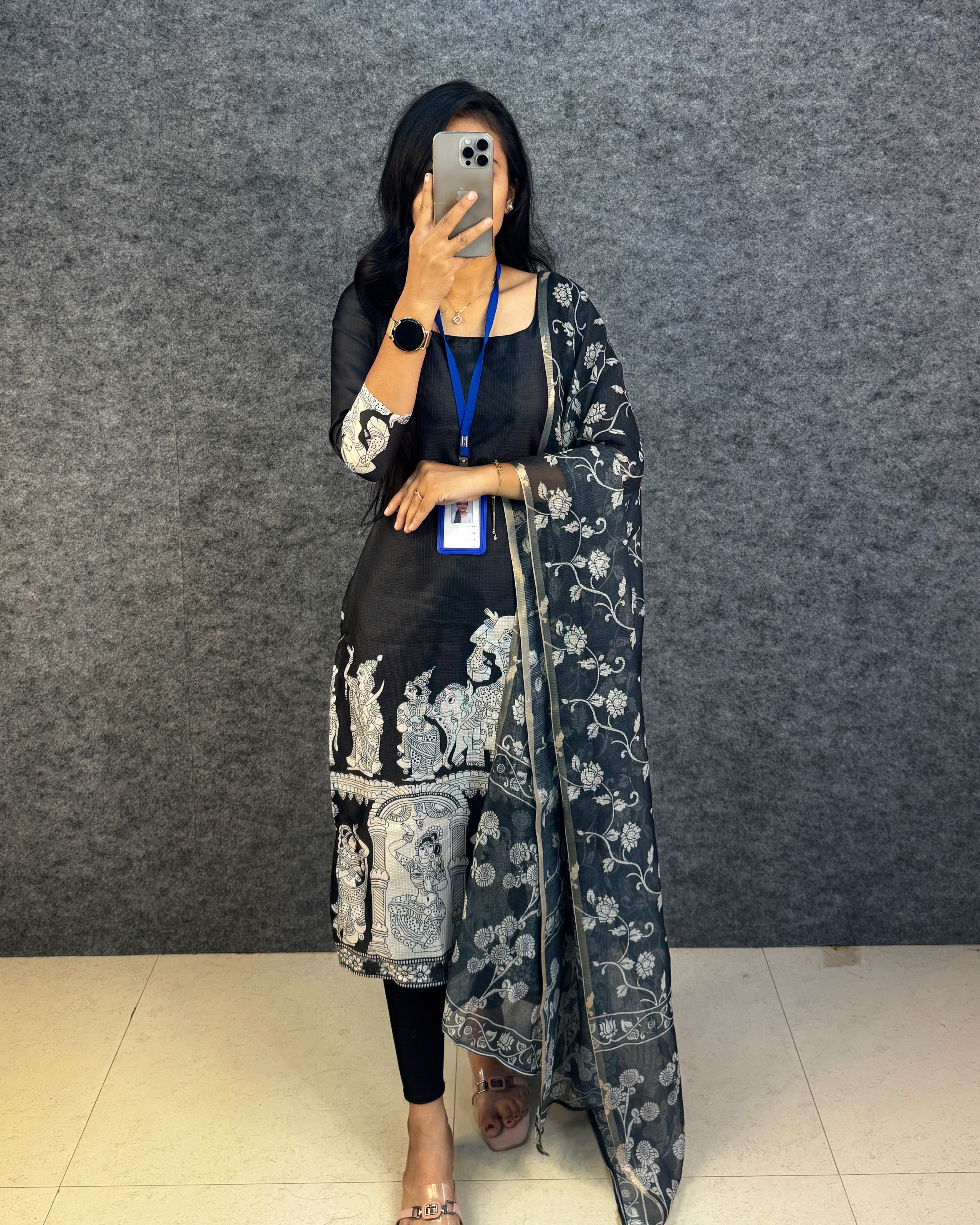 Kalamkari Khalahasti Kota Chex Kurti With Kalamkari Duppata