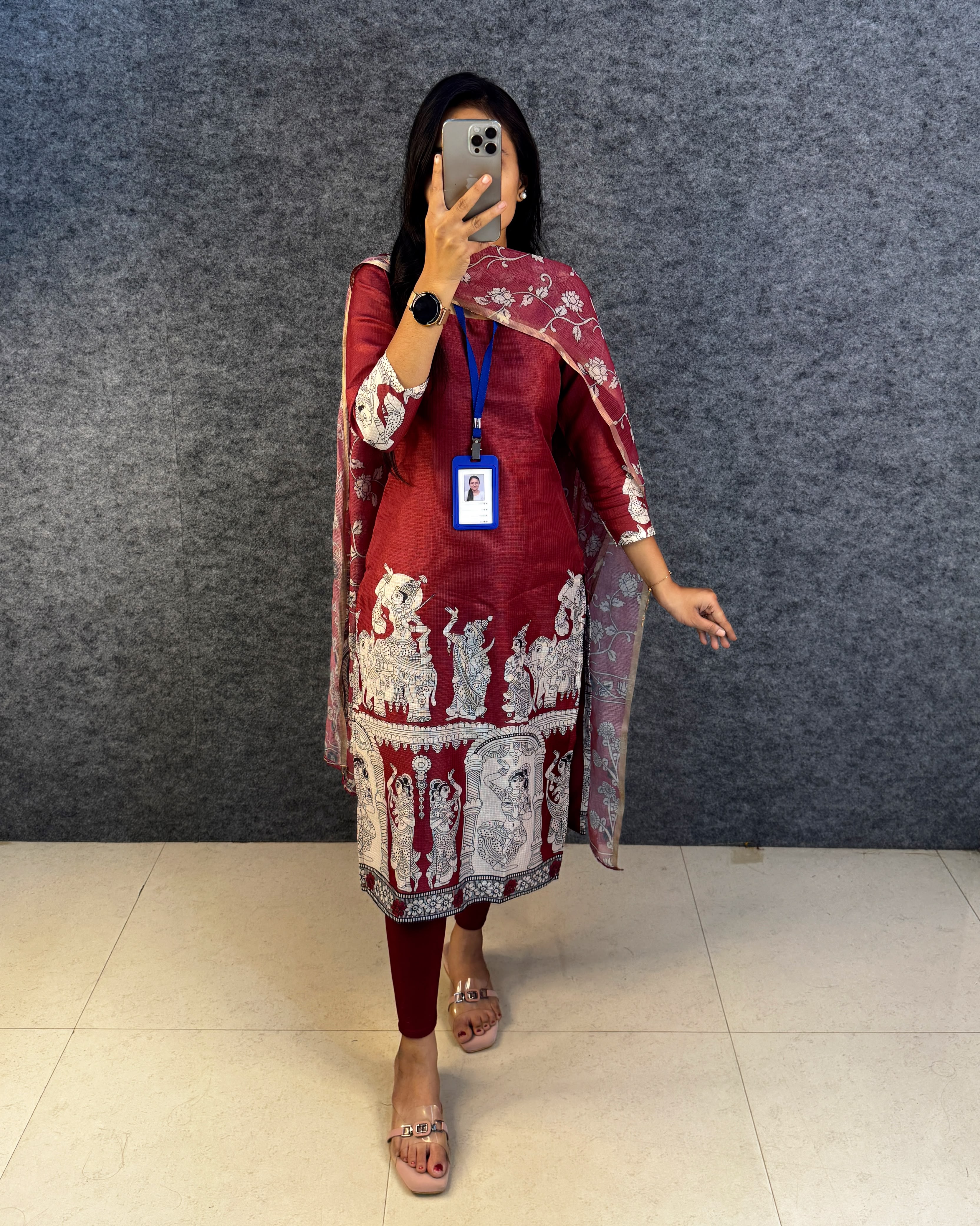 Kalamkari Khalahasti Kota Chex Kurti With Kalamkari Duppata