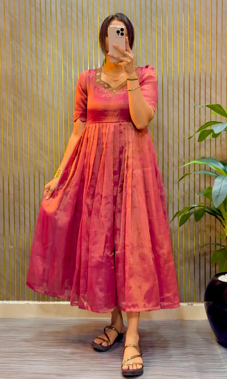 Designer Maggam Work Gown Premium Kota Tissue Silk