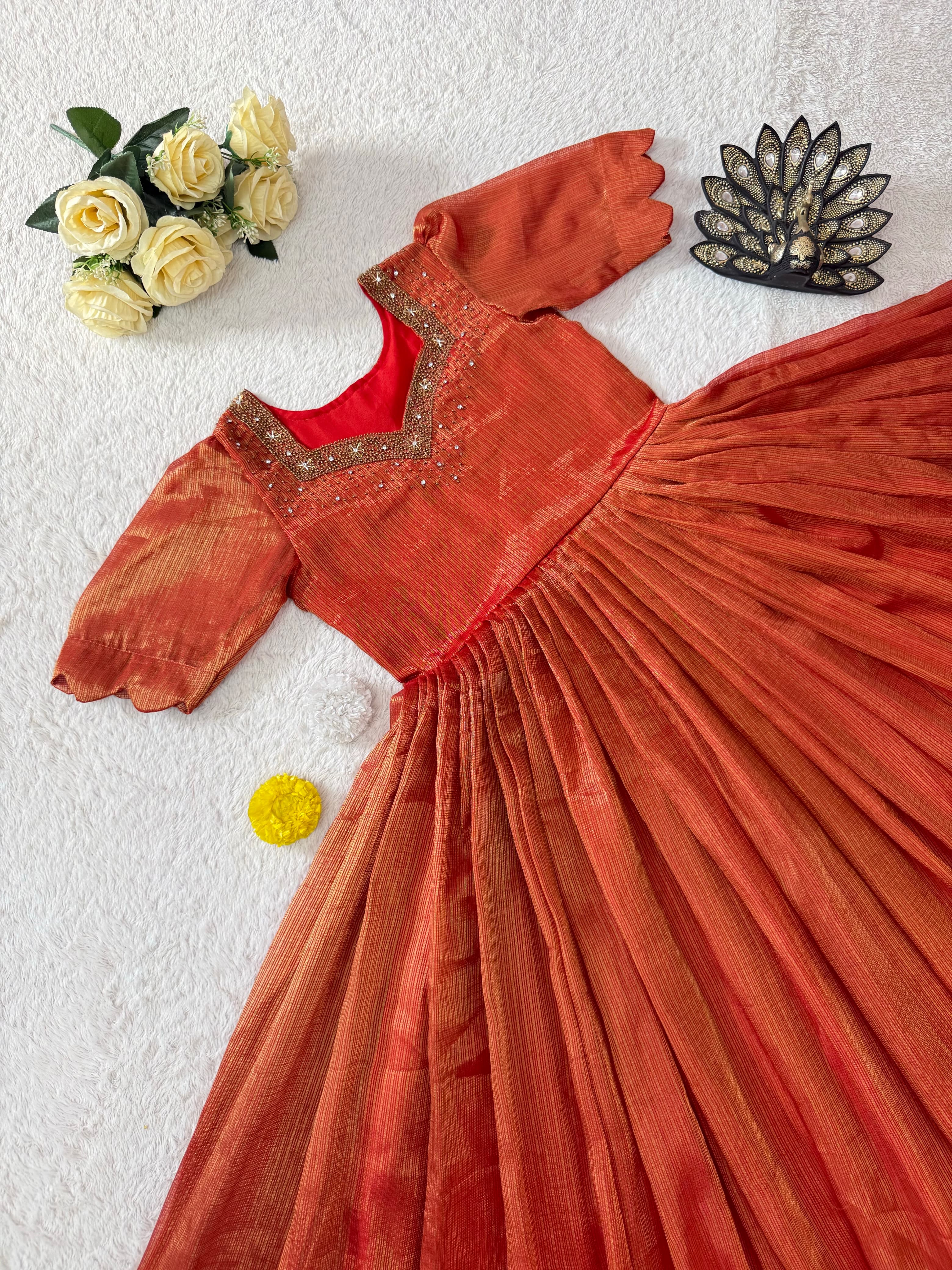 Designer Maggam Work Gown Premium Kota Tissue Silk
