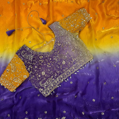 Elegant Fendy Satin Saree with 3mm Sequence Embroidery & Stitched Heavy Jhal Blouse (Up to 42