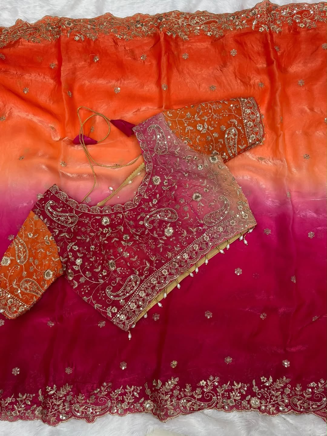 Elegant Fendy Satin Saree with 3mm Sequence Embroidery & Stitched Heavy Jhal Blouse (Up to 42")