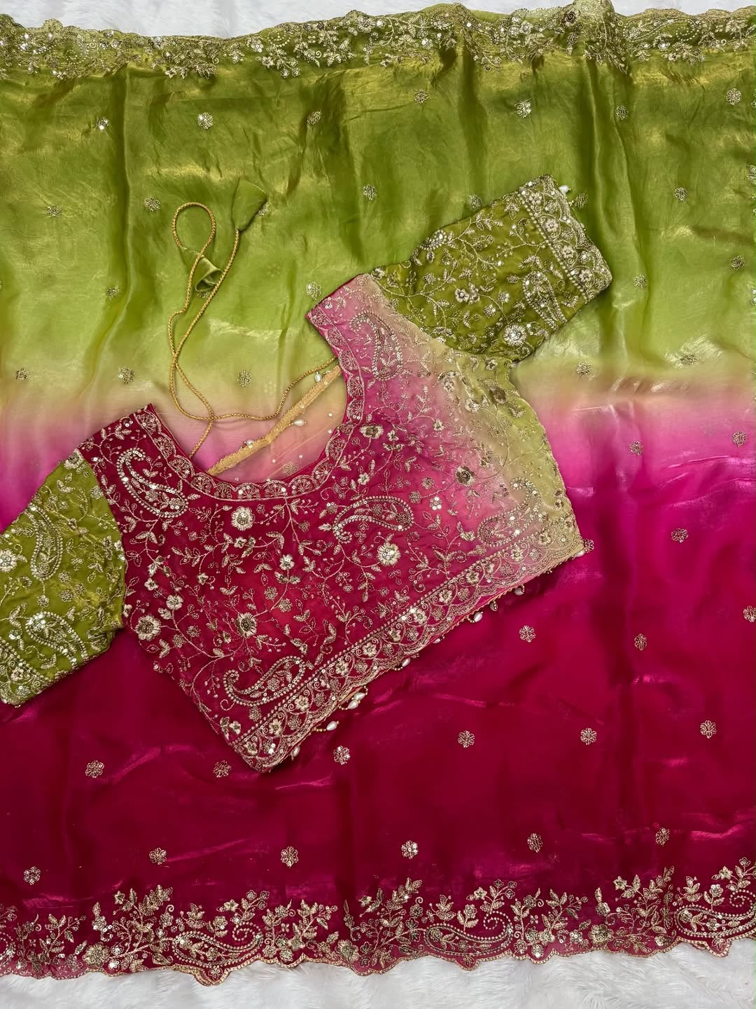 Elegant Fendy Satin Saree with 3mm Sequence Embroidery & Stitched Heavy Jhal Blouse (Up to 42")